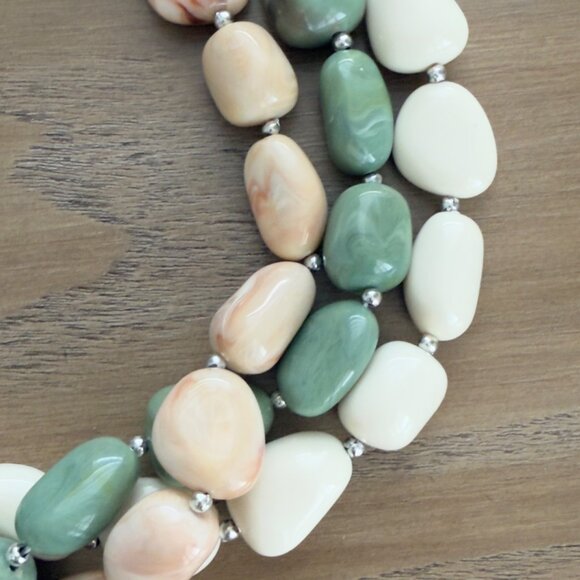 Vintage Triple Strand Beaded Necklace Choker Green Cream Acrylic Beads - Picture 6 of 8